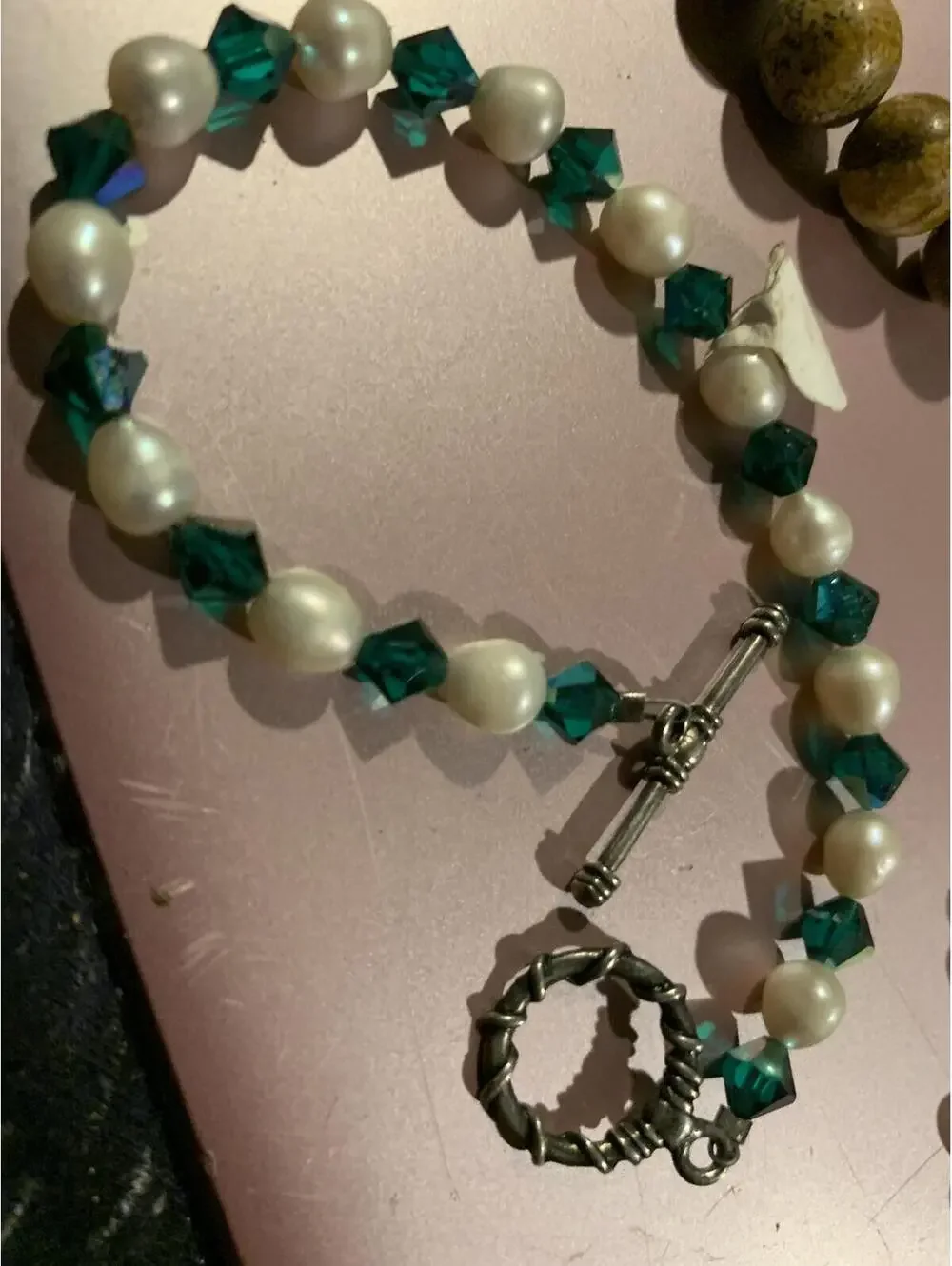 Elegant Pearl and Teal Crystal Toggle Bracelet